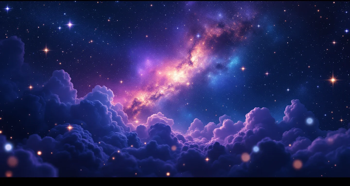 Rüyada Başkasının Menemen Yaptığını Görmek sembolünü temsil eden, mor-magenta bulutsu ve altın yıldızlardan oluşan atmosferik rüya sahnesi.