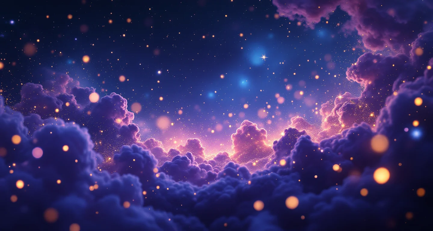 Rüyada Battaniye Görmek sembolünü temsil eden, mor-magenta bulutsu ve altın yıldızlardan oluşan atmosferik rüya sahnesi.