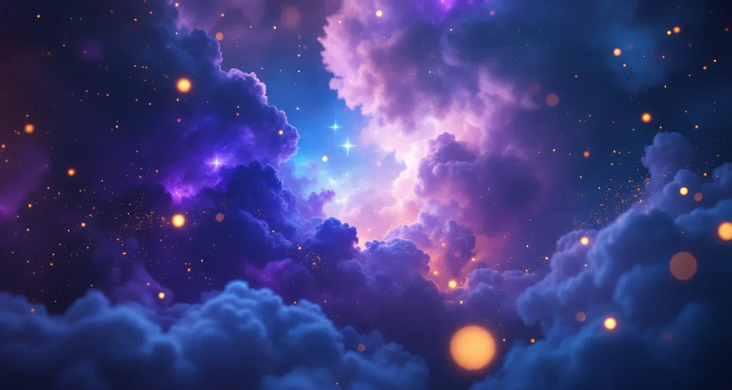 Atmosphärische Traumszene aus violett-magenta Nebeln und goldenen Sternen, die das Symbol »Einen Feiertag im Traum sehen« darstellt.