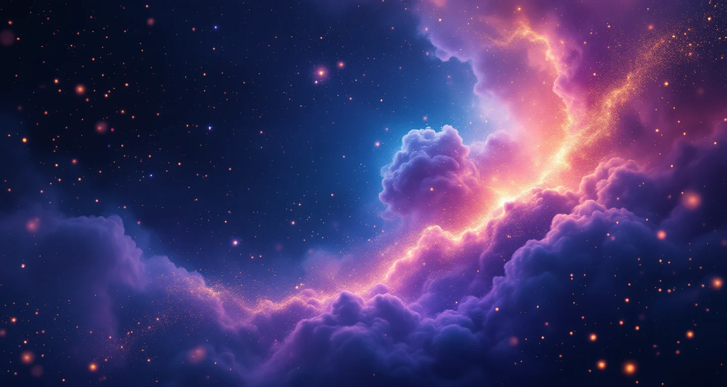 Rüyada Bedenden Ayrı Kafa Görmek sembolünü temsil eden, mor-magenta bulutsu ve altın yıldızlardan oluşan atmosferik rüya sahnesi.