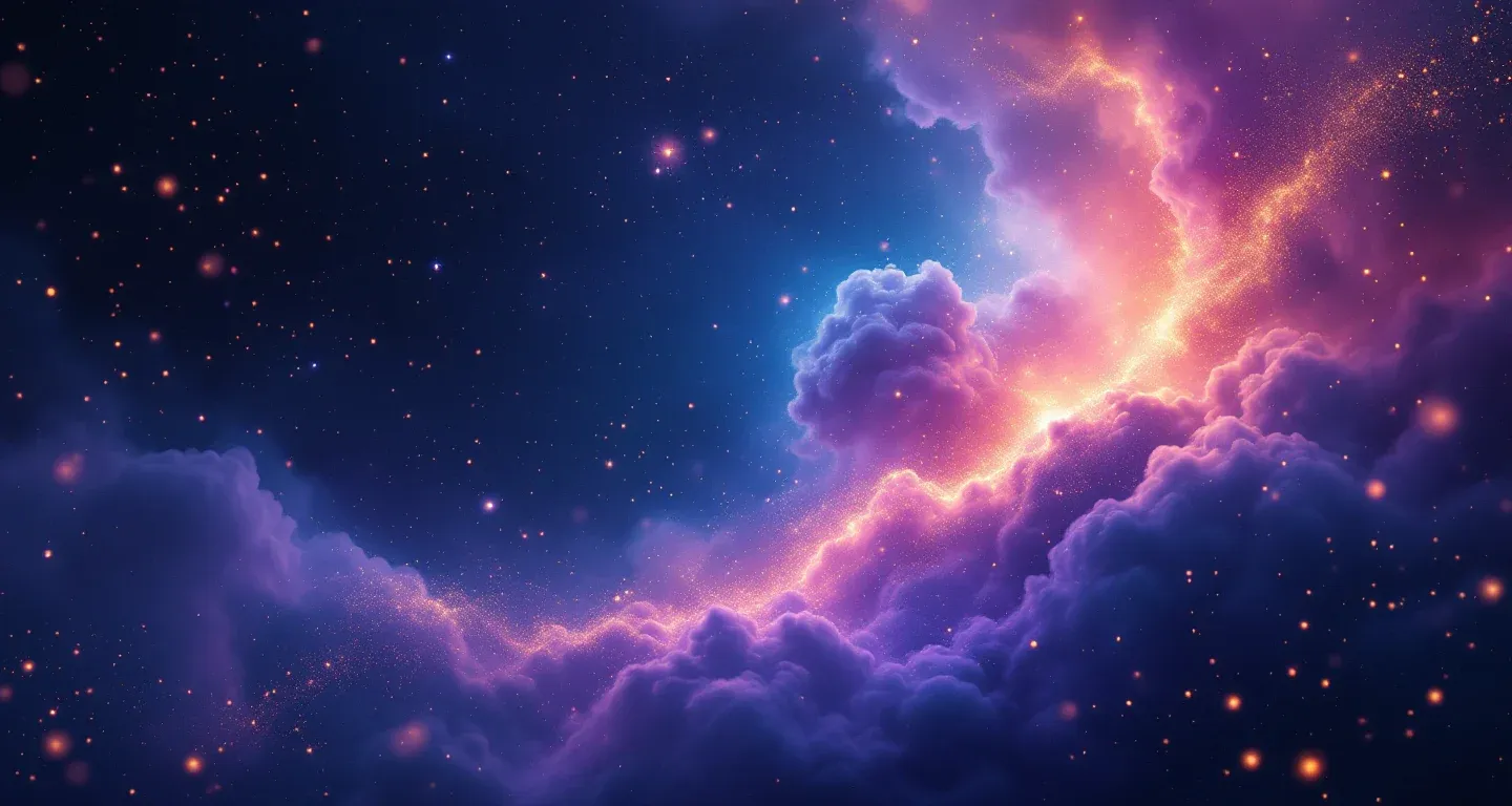Scena onirica atmosferica con nebulose viola e magenta e stelle dorate, che rappresenta il simbolo della testa separata dal corpo.