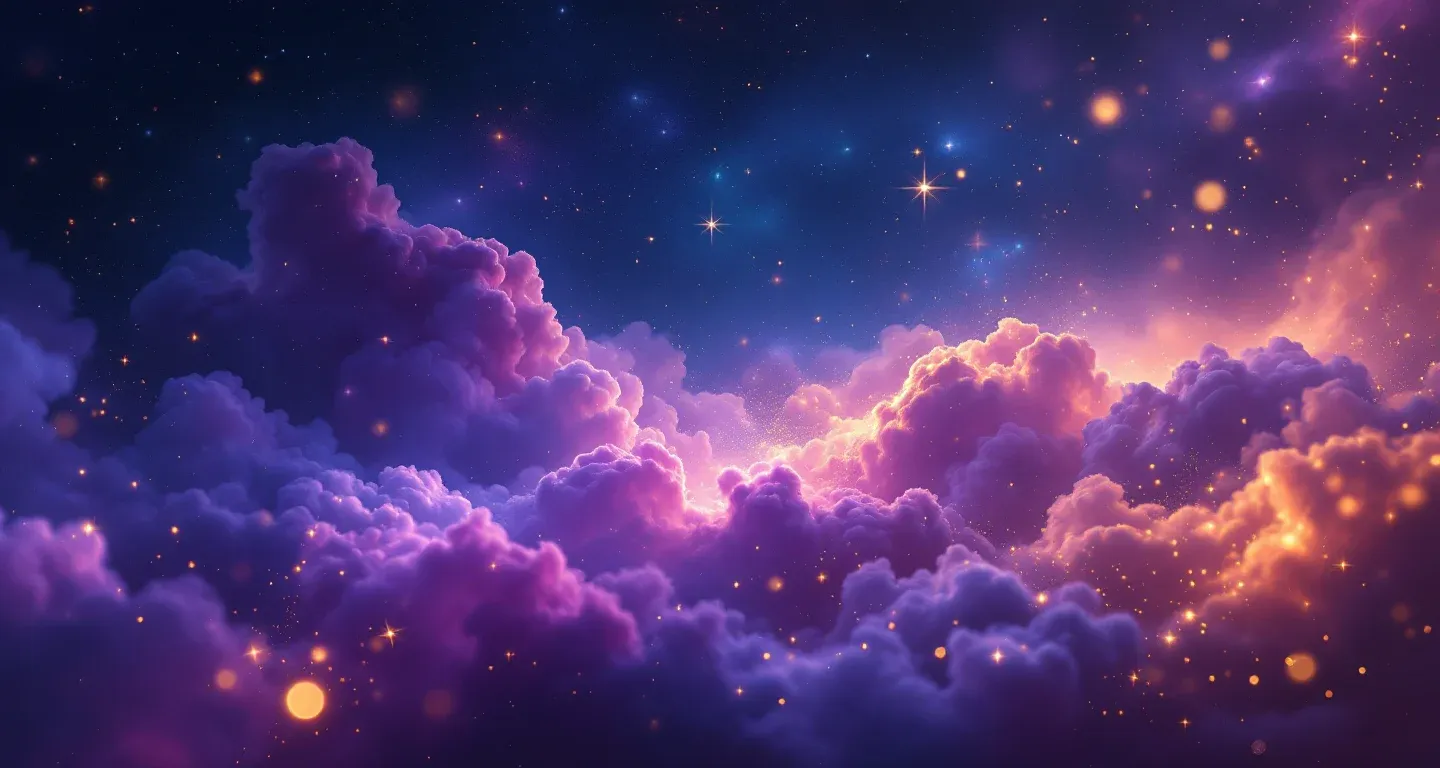Atmosphärische Traumszene mit violett-magenta Nebeln und goldenen Sternen, die den unbedeckten Oberkörper symbolisch darstellt.