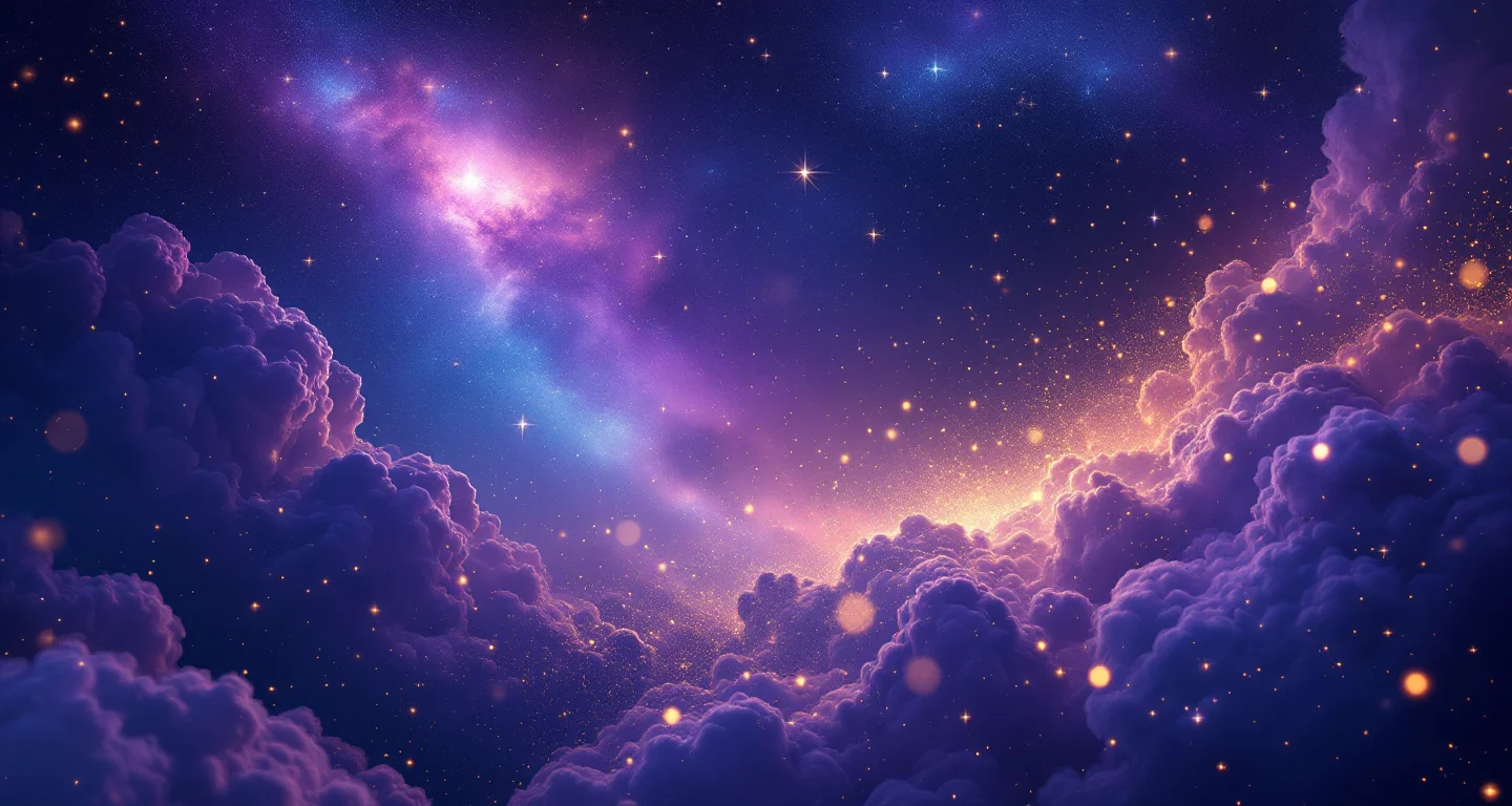Rüyada Belediye Başkanı Görmek sembolünü temsil eden, mor-magenta bulutsu ve altın yıldızlardan oluşan atmosferik rüya sahnesi.