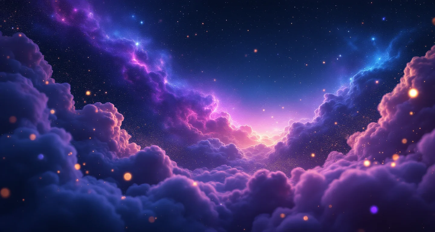 Rüyada Beyaz At Görmek sembolünü temsil eden, mor-magenta bulutsu ve altın yıldızlardan oluşan atmosferik rüya sahnesi.
