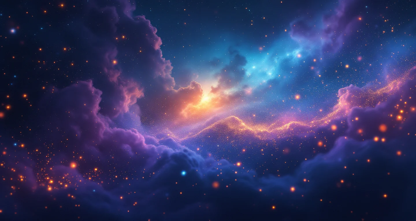Rüyada Beyaz Yılan Görmek sembolünü temsil eden, mor-magenta bulutsu ve altın yıldızlardan oluşan atmosferik rüya sahnesi.