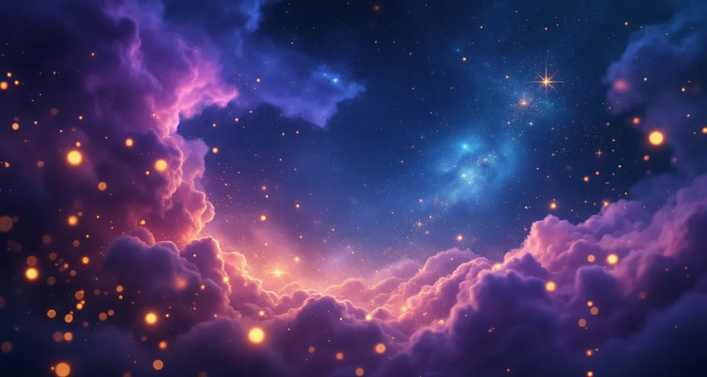 Escena onírica atmosférica con nebulosa morada y magenta, estrellas doradas y un pimiento relleno como símbolo central.