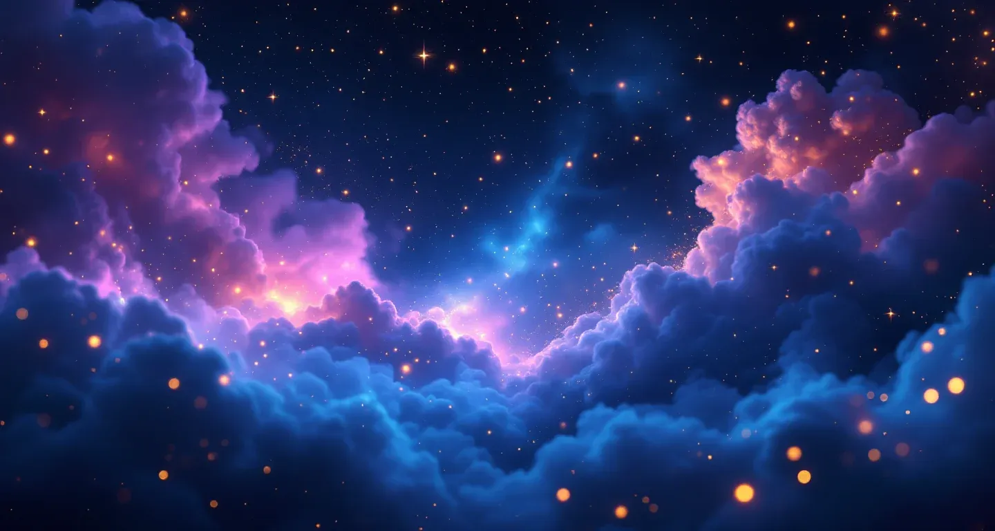 Atmosphärische Traumszene aus violett-magenta Nebel und goldenen Sternen, die das Symbol „Im Traum erstochen werden sehen“ darstellt.