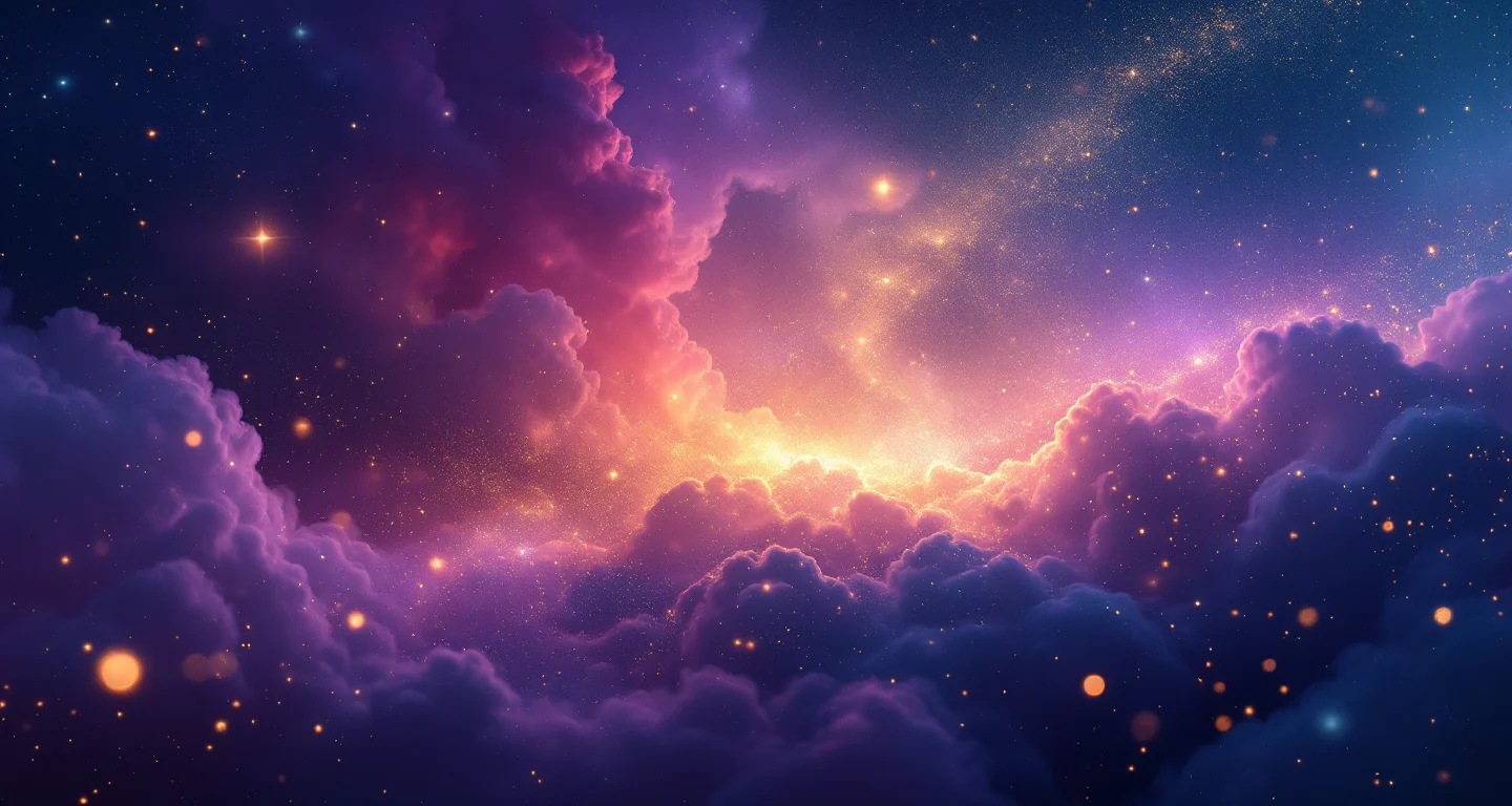 Rüyada Bir Erkeğin İşediğini Görmek sembolünü temsil eden, mor-magenta bulutsu ve altın yıldızlardan oluşan atmosferik rüya sahnesi.