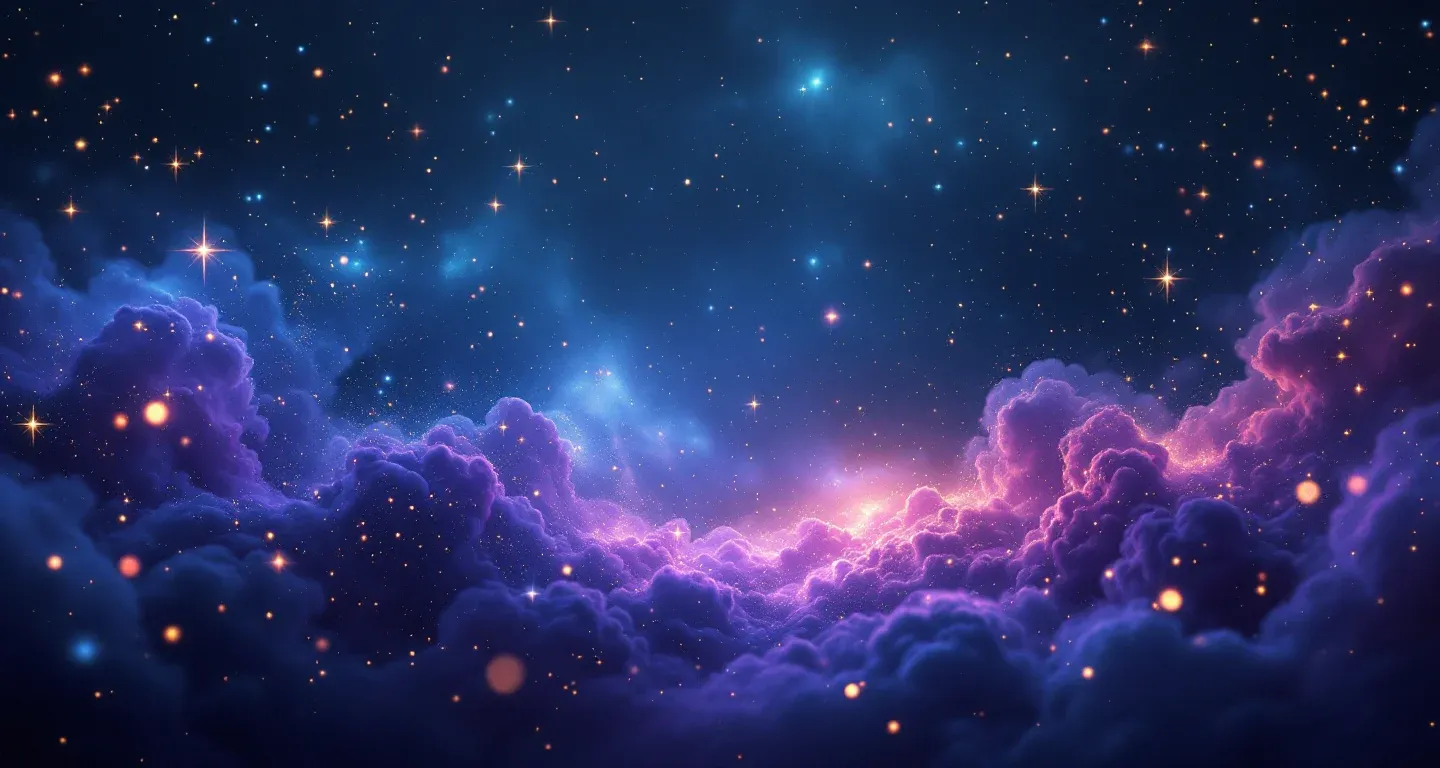 夢の中でどこかが燃えているのを見る象徴を表す、紫がかったマゼンタの星雲と金色の星々から成る幻想的な夢の情景。