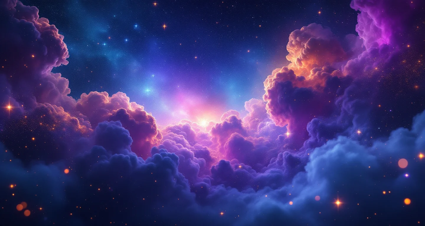 Rüyada Birinden Kaçmak Görmek sembolünü temsil eden, mor-magenta bulutsu ve altın yıldızlardan oluşan atmosferik rüya sahnesi.