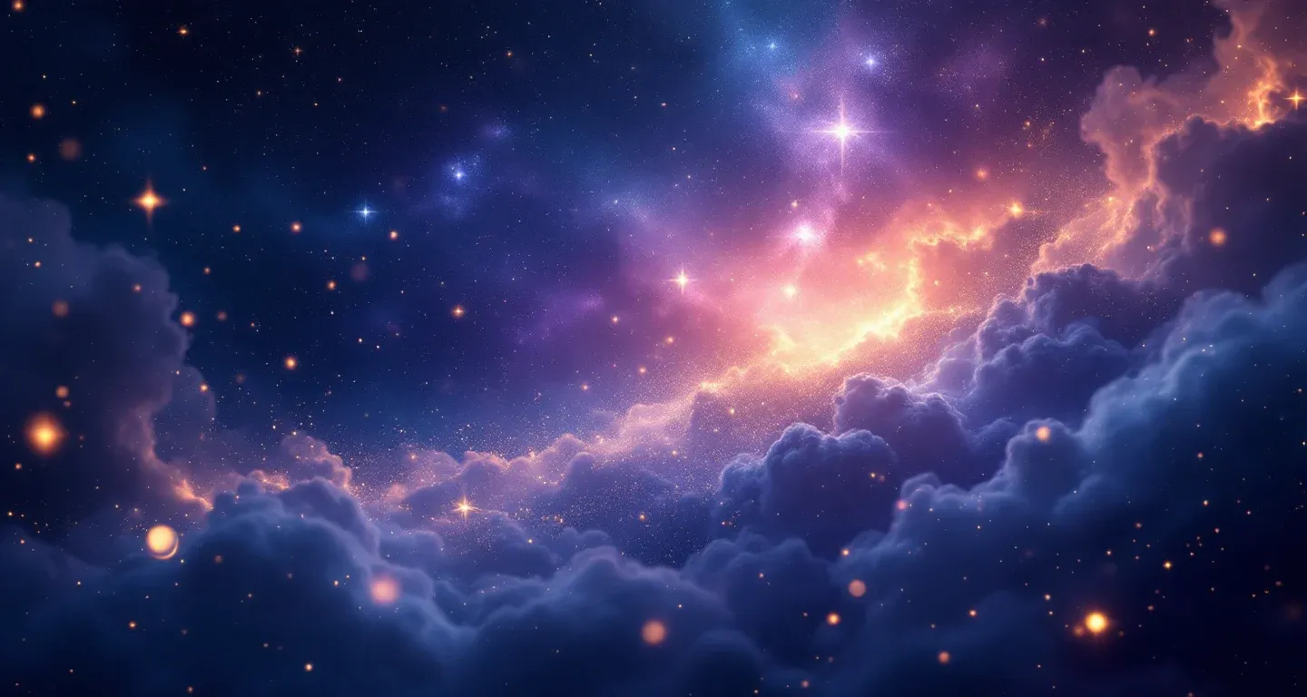 Atmosphärische Traumlandschaft mit violett-magenta Nebeln und goldenen Sternen, die das Symbol Jemandem im Traum Wudu abnehmen darstellt.