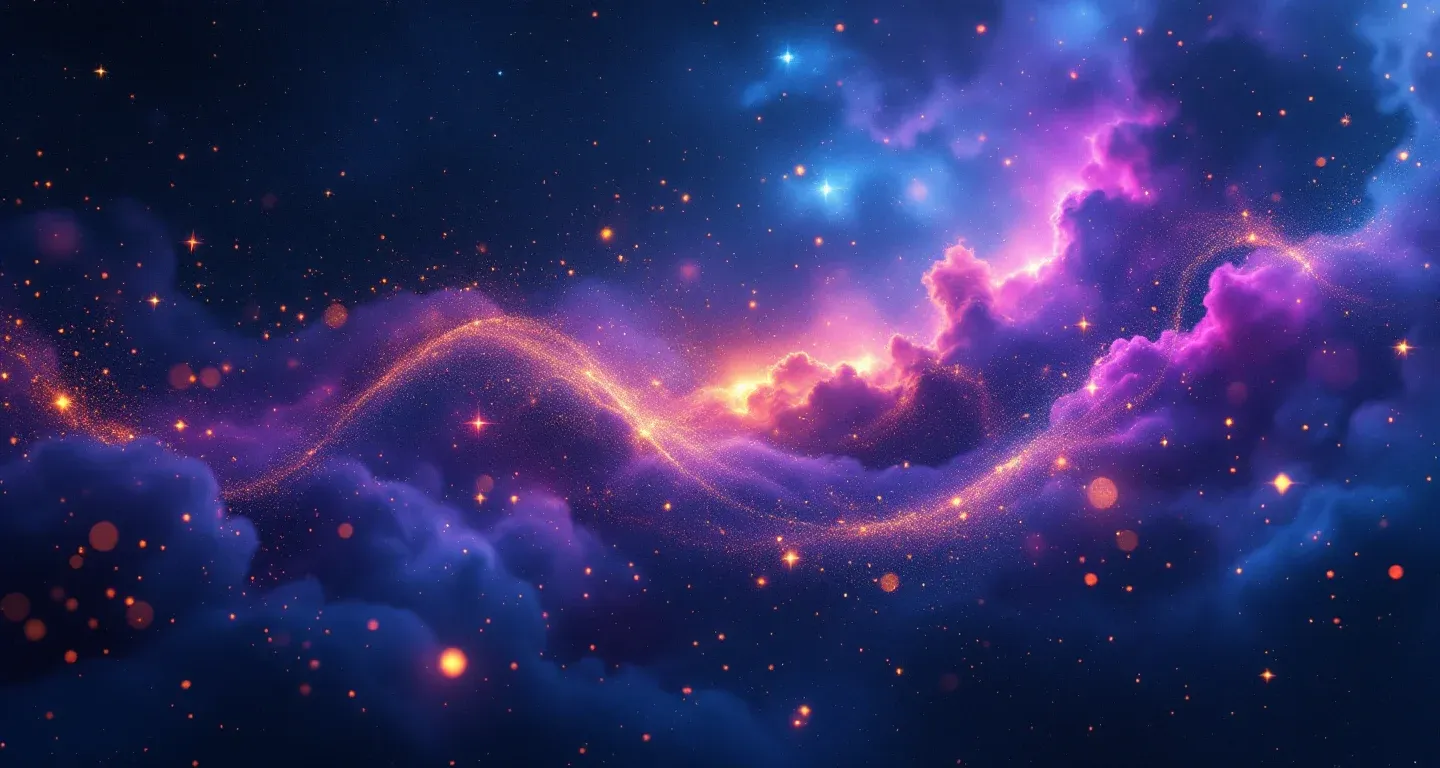 夢で誰かが逃げるのを見ることを象徴する、紫とマゼンタの星雲、そして金色の星が漂う幻想的な夢の情景です。