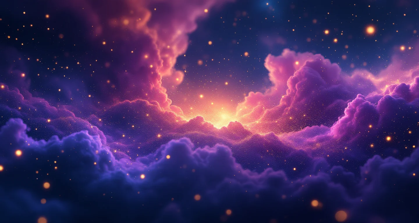 Rüyada Birinin Kalp Krizi Geçirdiğini Görmek sembolünü temsil eden, mor-magenta bulutsu ve altın yıldızlardan oluşan atmosferik rüya sahnesi.