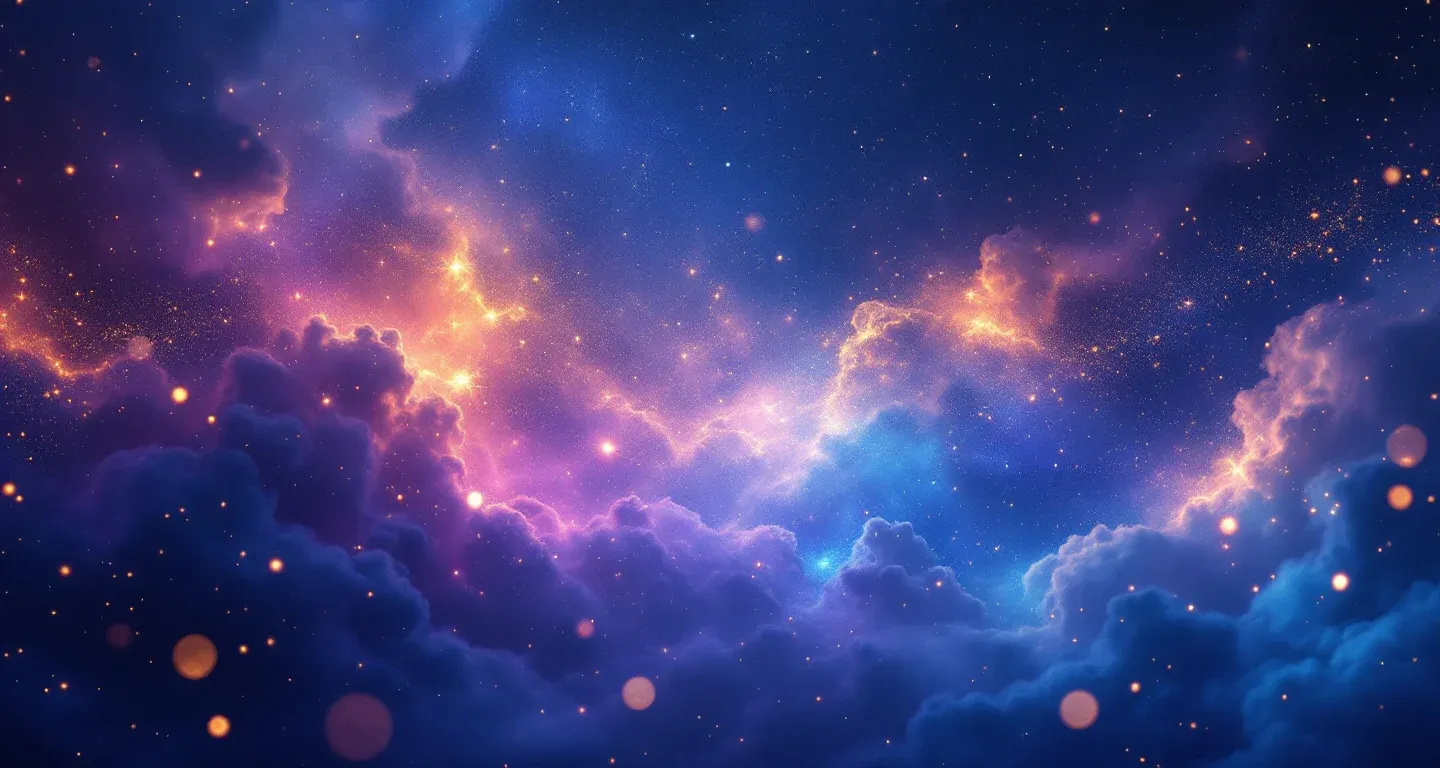 夢で誰かがあなたを絞め殺そうとする象徴を表す、紫がかったマゼンタの星雲と金色の星々からなる幻想的な夢の情景。