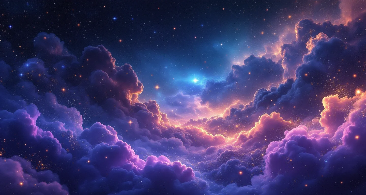 Rüyada Birinin Senin Hakkında Dedikodu Yaptığını Görmek sembolünü temsil eden, mor-magenta bulutsu ve altın yıldızlardan oluşan atmosferik rüya sahnesi.