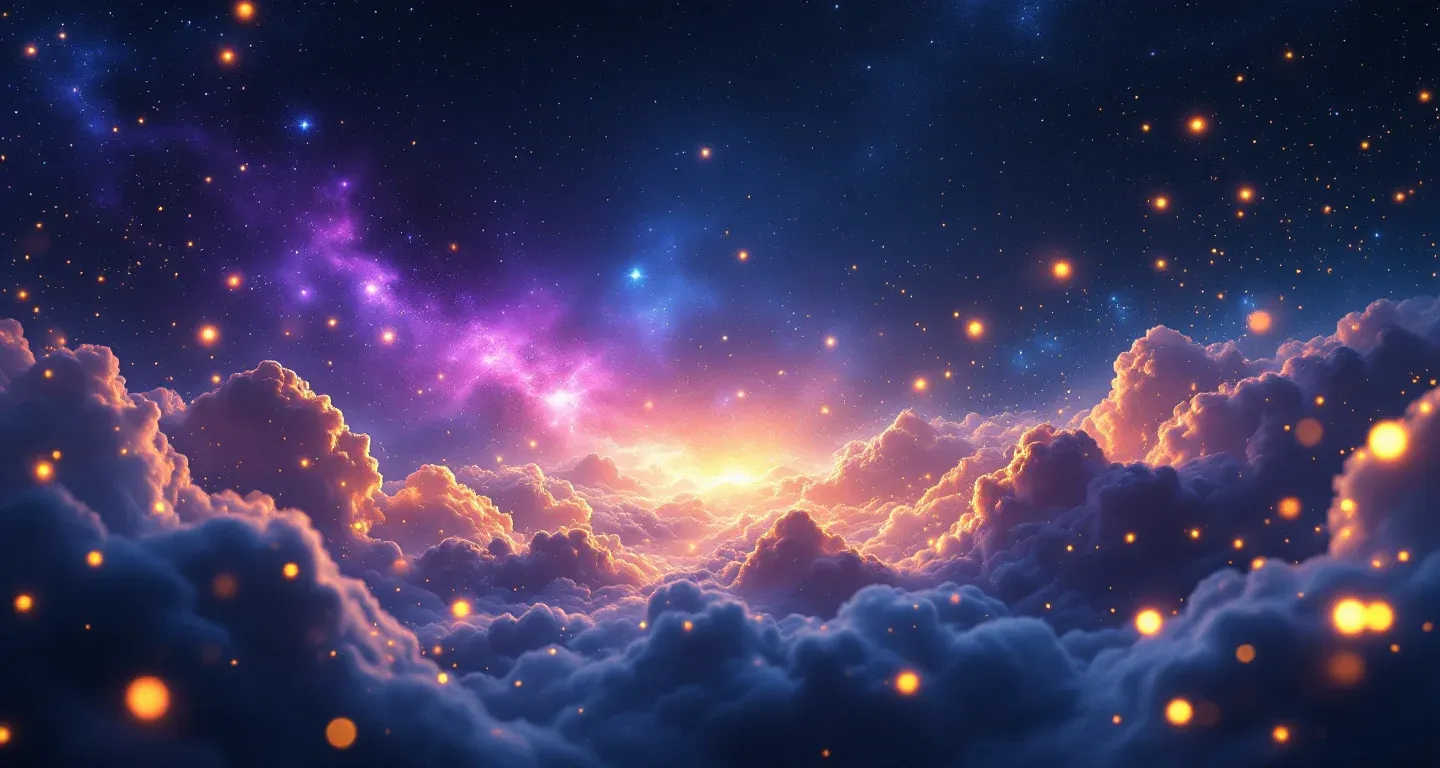 Scena onirica atmosferica con nebulosa viola-magenta e stelle dorate, che rappresenta il simbolo di camminare parlando con qualcuno.