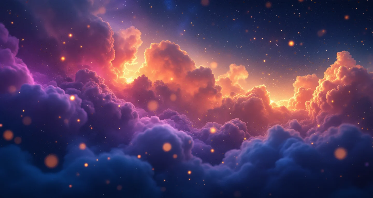 Rüyada Bisiklet Sürmek Görmek sembolünü temsil eden, mor-magenta bulutsu ve altın yıldızlardan oluşan atmosferik rüya sahnesi.