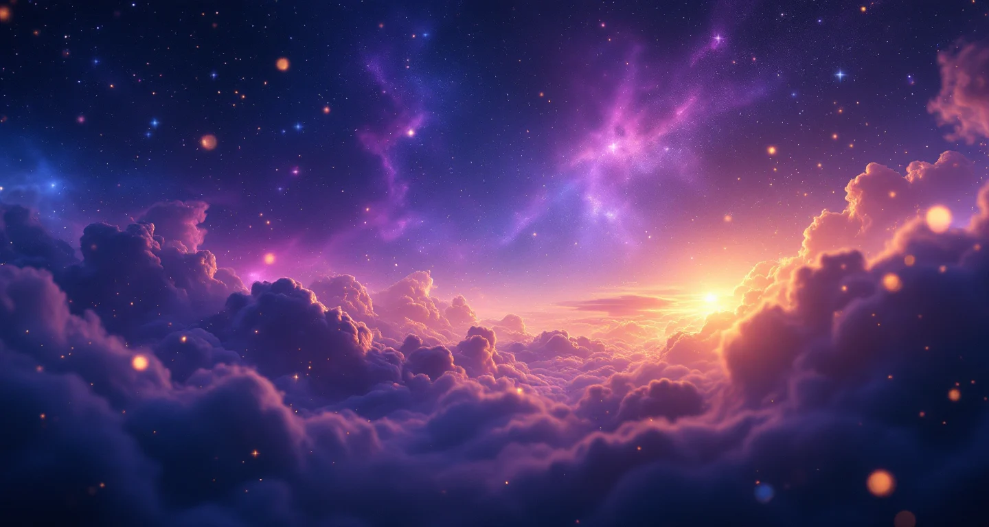 Rüyada Bit Görmek sembolünü temsil eden, mor-magenta bulutsu ve altın yıldızlardan oluşan atmosferik rüya sahnesi.