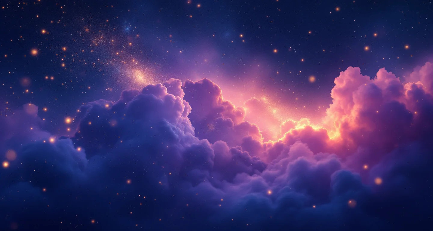 Rüyada Bıyıklı Kadın Görmek sembolünü temsil eden, mor-magenta bulutsu ve altın yıldızlardan oluşan atmosferik rüya sahnesi.