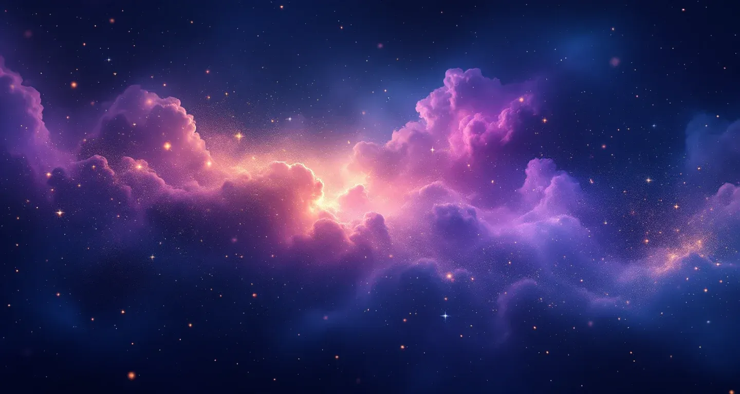 Atmosphärische Traumszene mit violett-magenta Nebel und goldenen Sternen, die das Symbol „Schmutziges Wasser im Traum sehen“ darstellt.