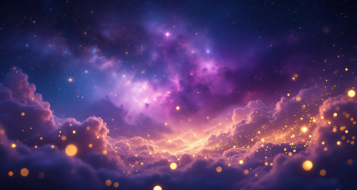 Rüyada Borçlu Olduğun Kişiyi Görmek sembolünü temsil eden, mor-magenta bulutsu ve altın yıldızlardan oluşan atmosferik rüya sahnesi.
