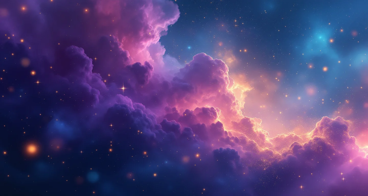 Rüyada Borçlu Olduğun Kişiyle Konuşmak sembolünü temsil eden, mor-magenta bulutsu ve altın yıldızlardan oluşan atmosferik rüya sahnesi.
