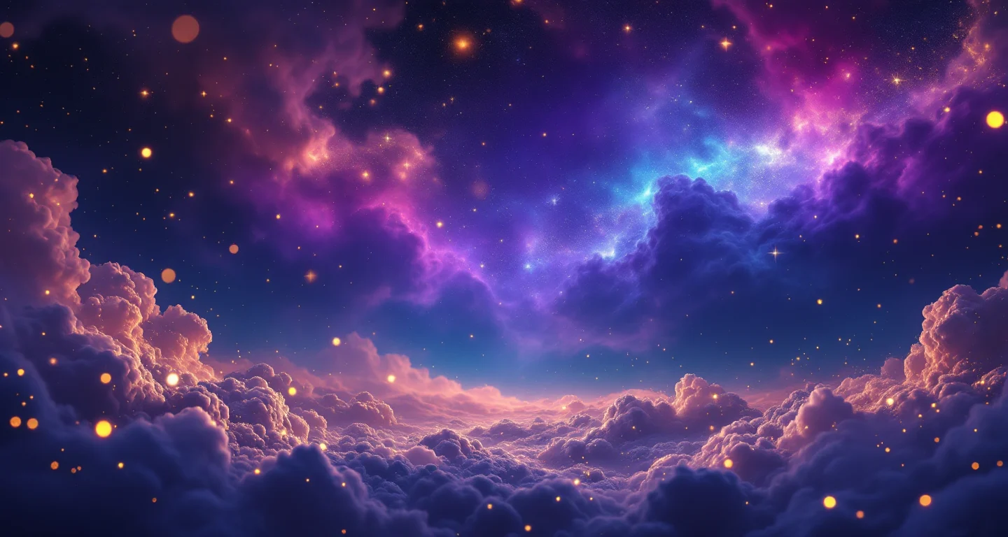 Rüyada Burun Kanaması Görmek sembolünü temsil eden, mor-magenta bulutsu ve altın yıldızlardan oluşan atmosferik rüya sahnesi.