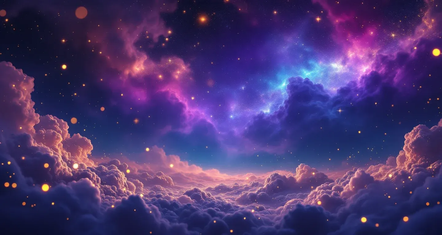 Rüyada Burun Kanaması Görmek sembolünü temsil eden, mor-magenta bulutsu ve altın yıldızlardan oluşan atmosferik rüya sahnesi.