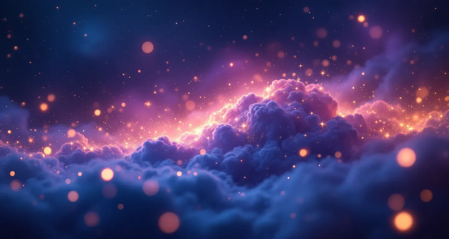Atmosphärische Traumlandschaft mit violett-magenta Nebel und goldenen Sternen, die das Symbol ‚Im Traum einen Zauber finden‘ darstellt.