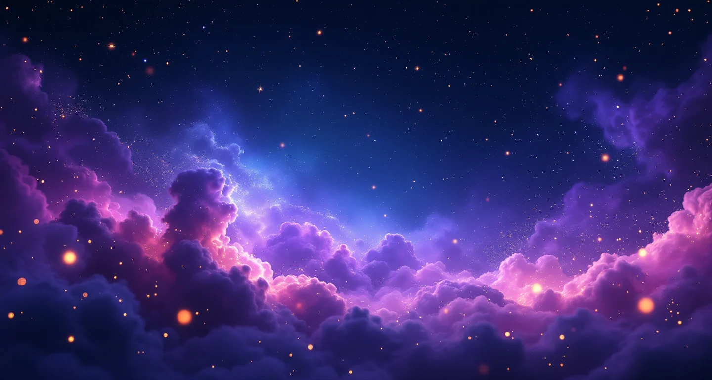 Rüyada Büyük Abdest Yapmak ve Temizlemek Görmek sembolünü temsil eden, mor-magenta bulutsu ve altın yıldızlardan oluşan atmosferik rüya sahnesi.