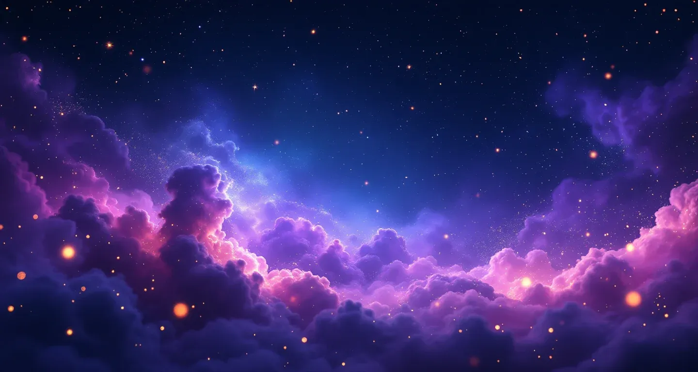Escena onírica atmosférica con nebulosa morada-magenta y estrellas doradas que representa el símbolo de ver hacer caca y limpiarse en sueños.