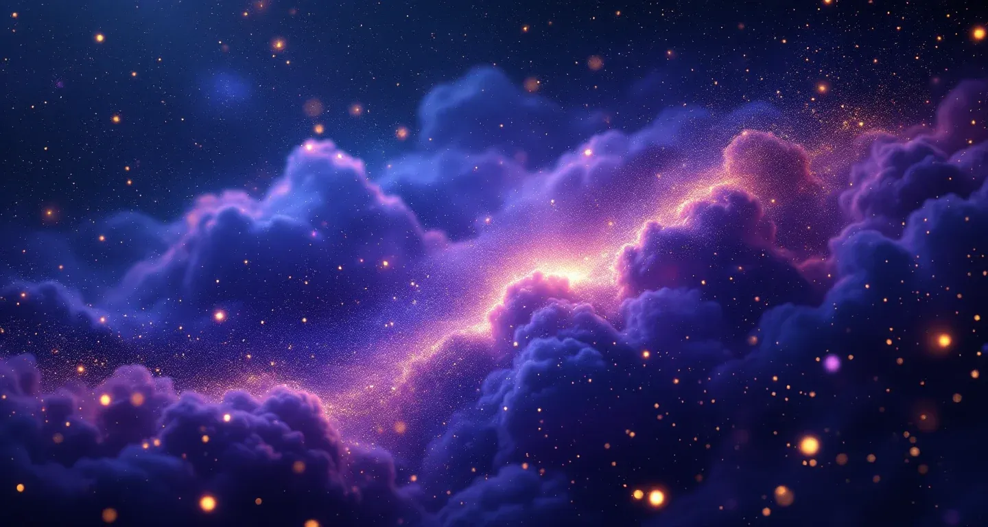 Atmosphärische Traumszene aus purpurn-magenta Nebeln und goldenen Sternen, die das Symbol 'Einen großen Menschen im Kindesalter sehen' darstellt.