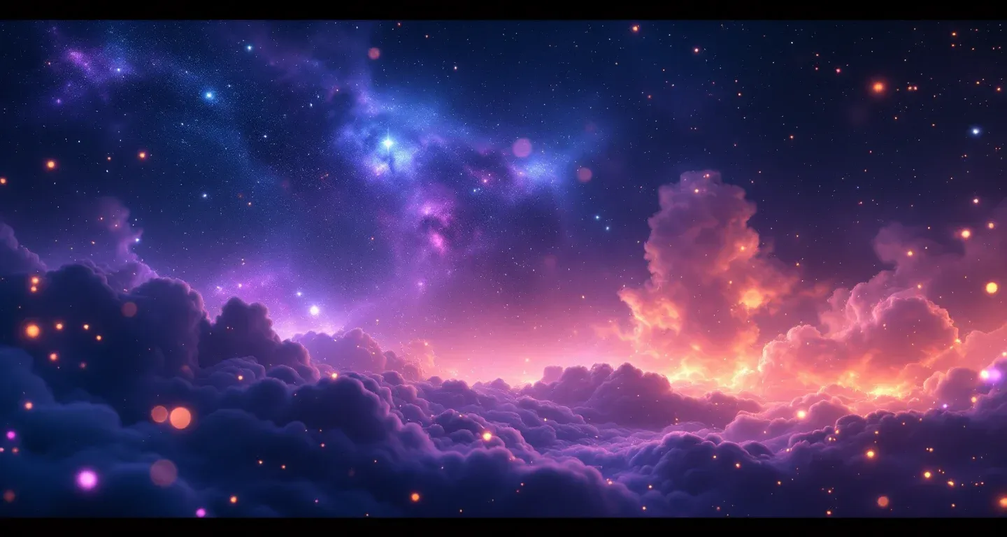 Escena onírica atmosférica que representa el símbolo de soñar con hacer caca, con una nebulosa morado-magenta y estrellas doradas.