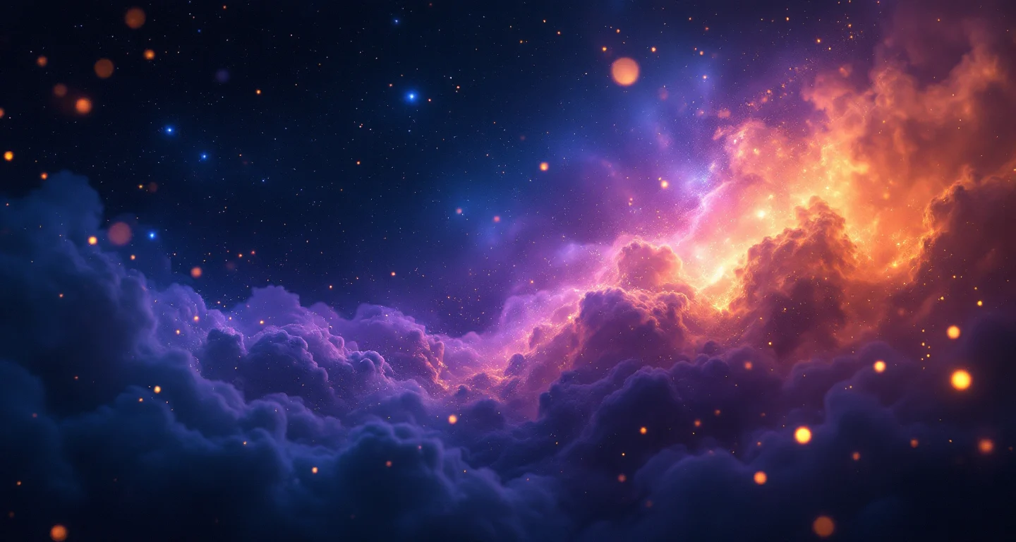 Rüyada Cam Kırıkları Görmek sembolünü temsil eden, mor-magenta bulutsu ve altın yıldızlardan oluşan atmosferik rüya sahnesi.