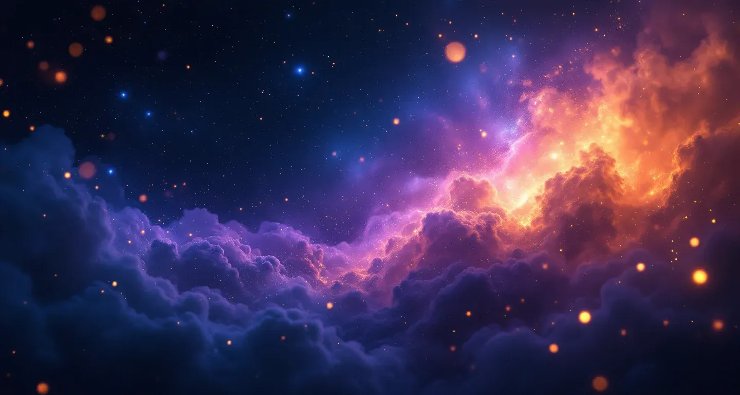 Atmosphärische Traumszene mit violett-magenta Nebeln und goldenen Sternen, die das Symbol „Glasscherben im Traum sehen“ darstellt.