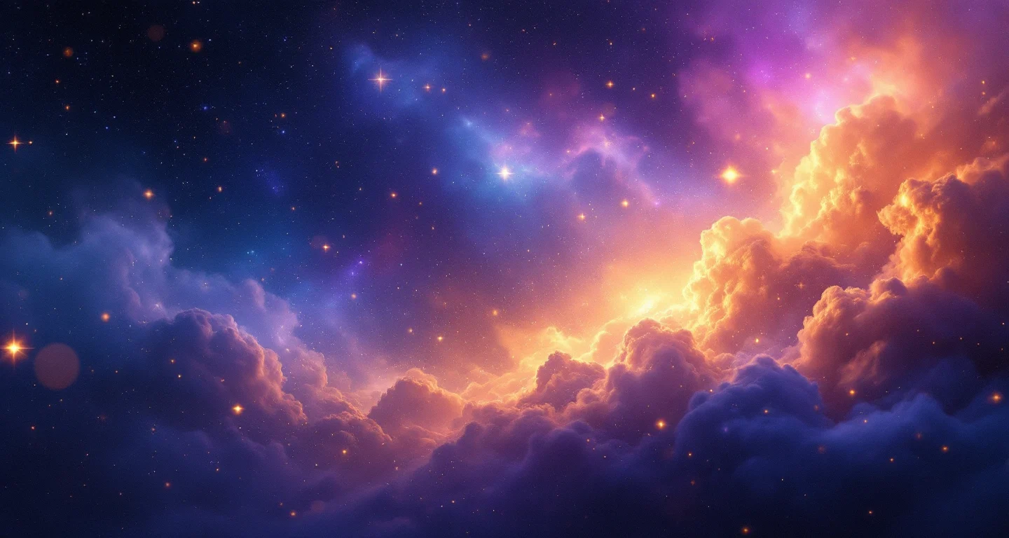 Rüyada Cenaze Görmek sembolünü temsil eden, mor-magenta bulutsu ve altın yıldızlardan oluşan atmosferik rüya sahnesi.