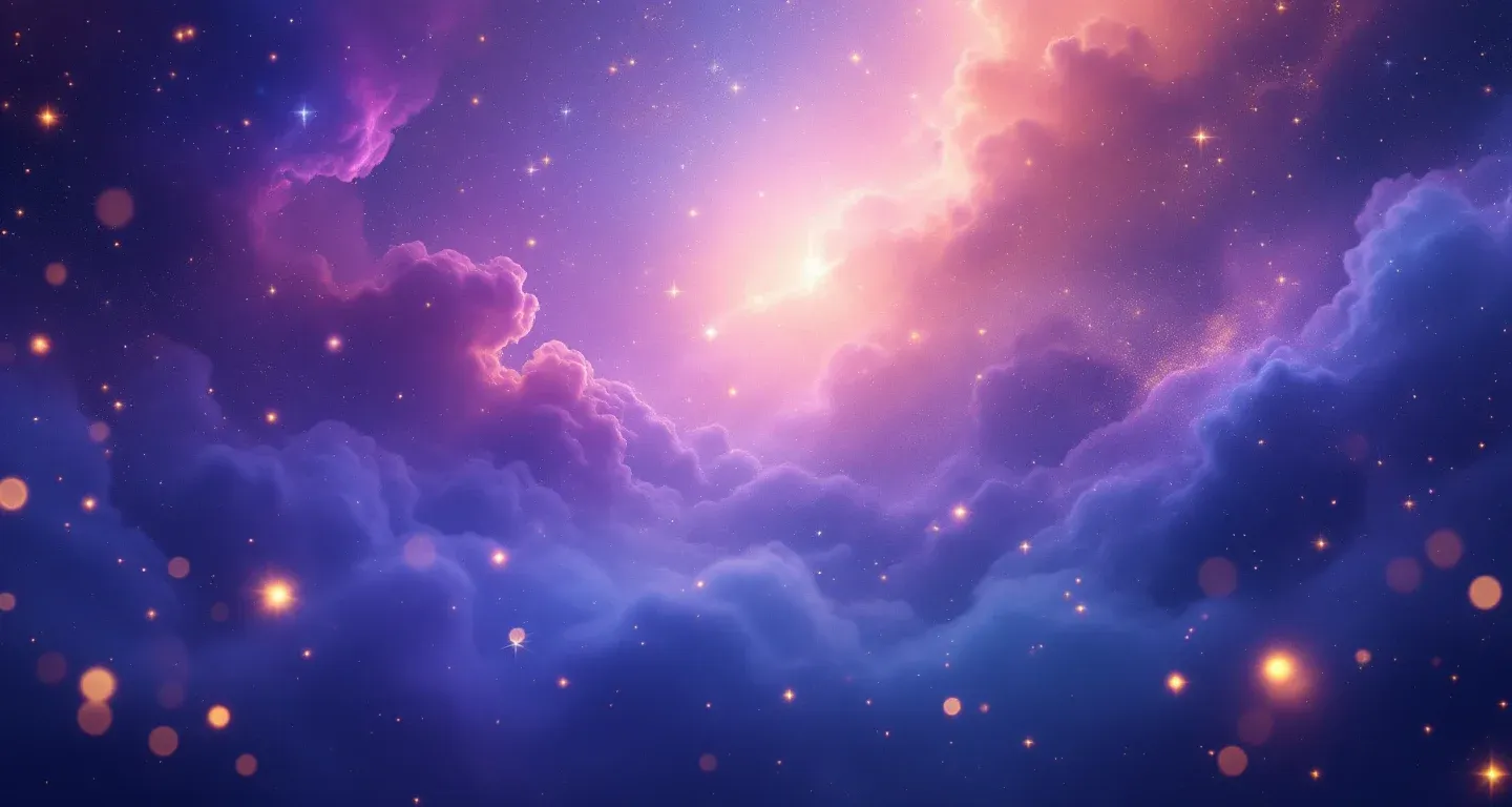 Atmosphärische Traumszene mit violett-magenta Nebeln und goldenen Sternen, die das Symbol „Im Traum einen Fötus in der Hand halten“ darstellt.