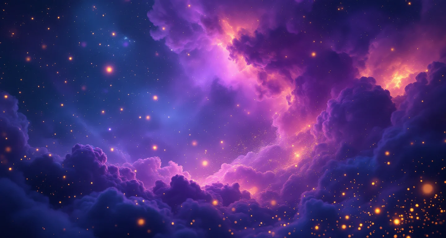 Rüyada Ceset Görmek sembolünü temsil eden, mor-magenta bulutsu ve altın yıldızlardan oluşan atmosferik rüya sahnesi.