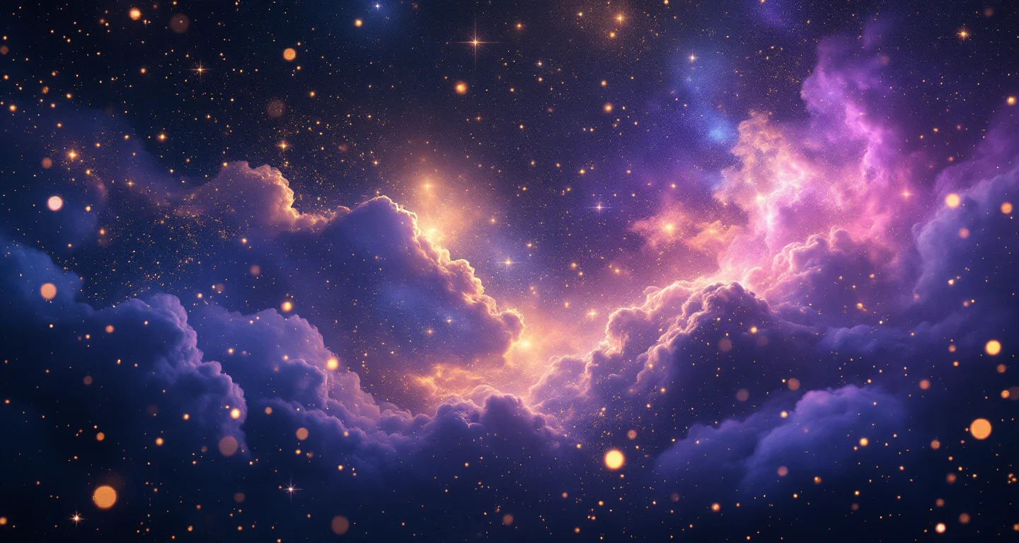 Rüyada Ceviz Görmek sembolünü temsil eden, mor-magenta bulutsu ve altın yıldızlardan oluşan atmosferik rüya sahnesi.