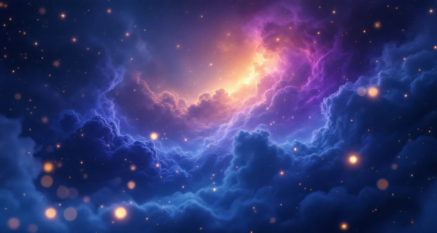 Rüyada Ceviz Toplamak sembolünü temsil eden, mor-magenta bulutsu ve altın yıldızlardan oluşan atmosferik rüya sahnesi.