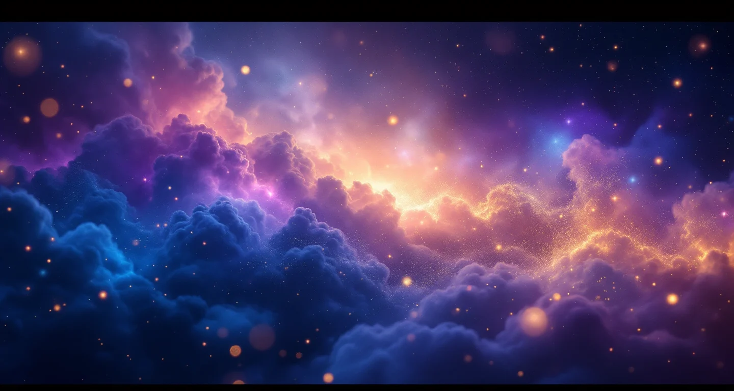 Rüyada Ceyrek Altın Gorulmek sembolünü temsil eden, mor-magenta bulutsu ve altın yıldızlardan oluşan atmosferik rüya sahnesi.