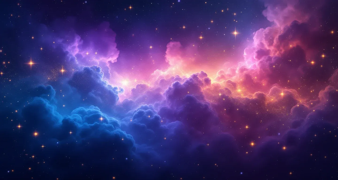 Escena onírica atmosférica con nebulosas morado-magenta y estrellas doradas que representa el símbolo de ver serpientes apareándose en sueños.