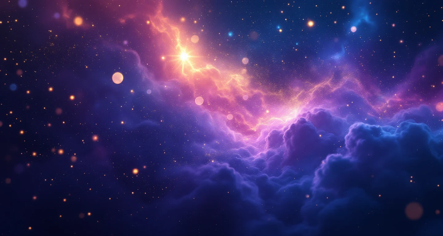 Rüyada Çiğ Et Görmek sembolünü temsil eden, mor-magenta bulutsu ve altın yıldızlardan oluşan atmosferik rüya sahnesi.