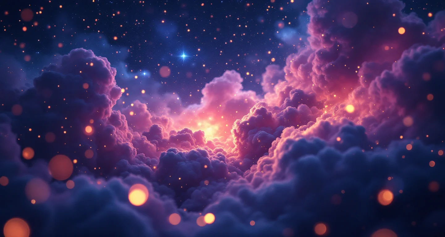 Rüyada Çikolata Yemek sembolünü temsil eden, mor-magenta bulutsu ve altın yıldızlardan oluşan atmosferik rüya sahnesi.