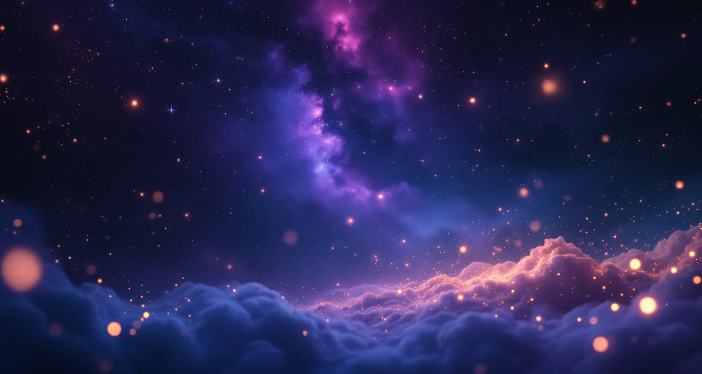 Rüyada Cin Görmek Ama Korkmamak sembolünü temsil eden, mor-magenta bulutsu ve altın yıldızlardan oluşan atmosferik rüya sahnesi.