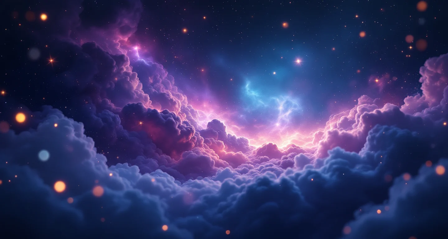 Rüyada Civciv Görmek sembolünü temsil eden, mor-magenta bulutsu ve altın yıldızlardan oluşan atmosferik rüya sahnesi.