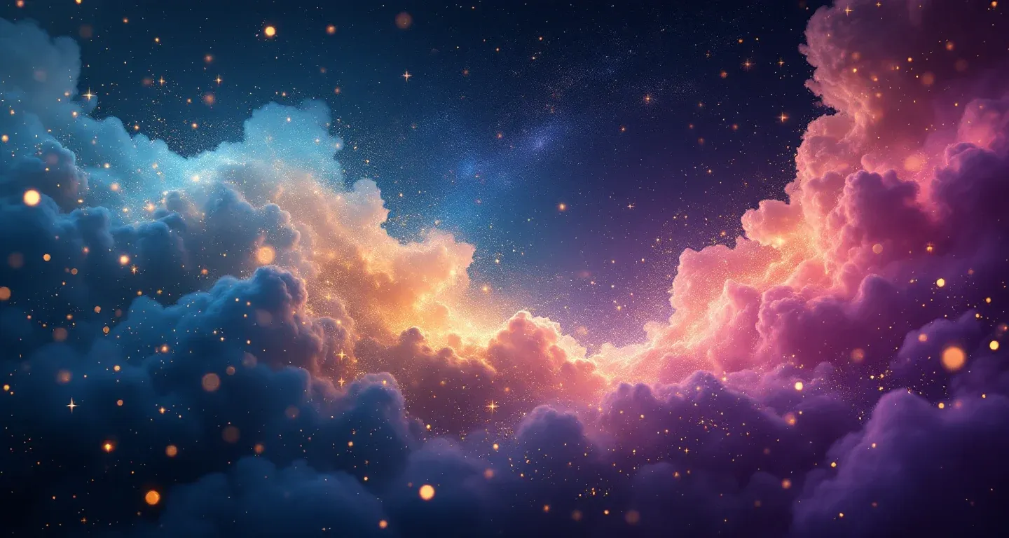 Atmosphärische Traumszene aus violett-magenta Nebel und goldenen Sternen, die das Symbol Im Traum sehen, wie das eigene Kind ins Meer fällt und es retten darstellt.