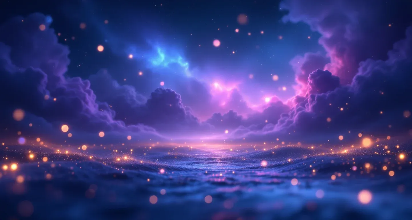 Atmosphärische Traumszene mit violett-magenta Wolkennebel und goldenen Sternen, die das Symbol eines wogenden Meeres im Traum darstellt.