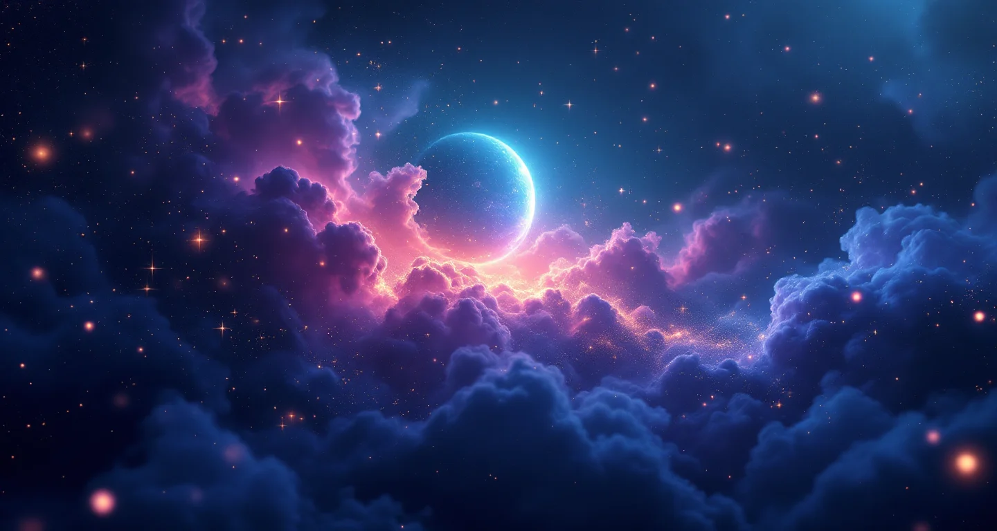 Rüyada Dayı Görmek sembolünü temsil eden, mor-magenta bulutsu ve altın yıldızlardan oluşan atmosferik rüya sahnesi.