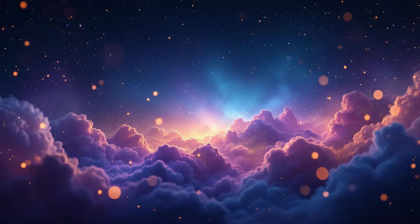 Atmosphärische Traumszene aus violett-magenta Nebel und goldenen Sternen, die das Symbol des Eisenstabs im Traum darstellt.